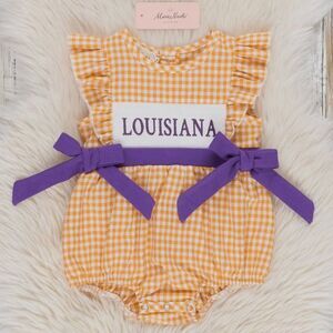 Gingham Print Smocked‎ Louisiana Bubble Onesie with Bows 3-6 months